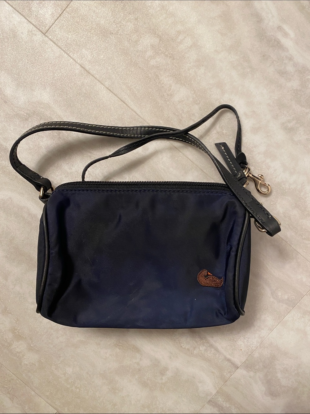 Dooney & Bourke Navy Embroidered Duck Logo Mini Bag with Black Strap